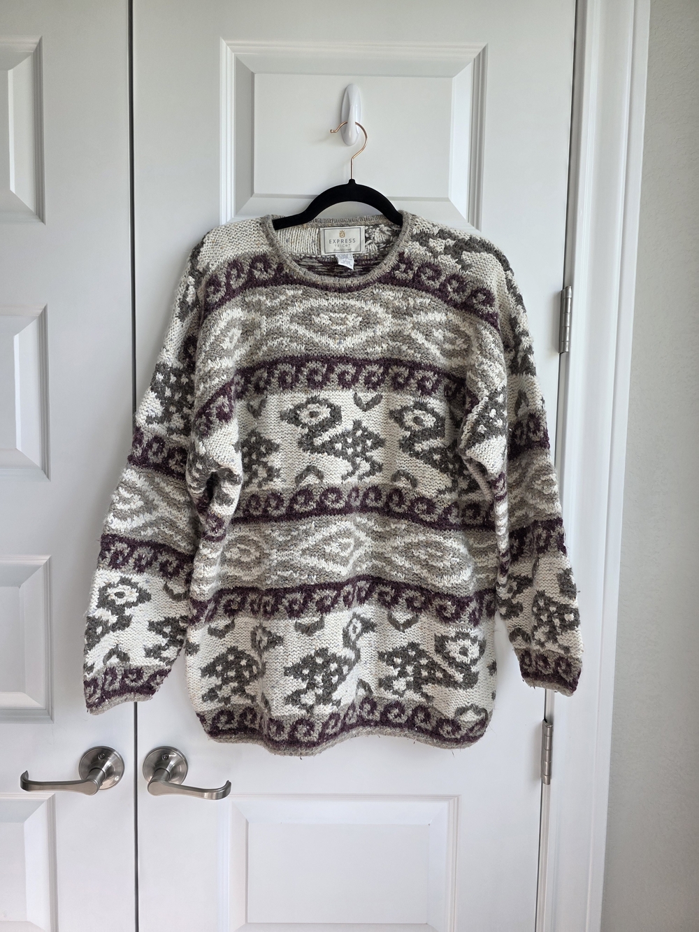 Vintage Express Tricot Handknitted Angora Cream, Taupe & Plum Crewneck Sweater